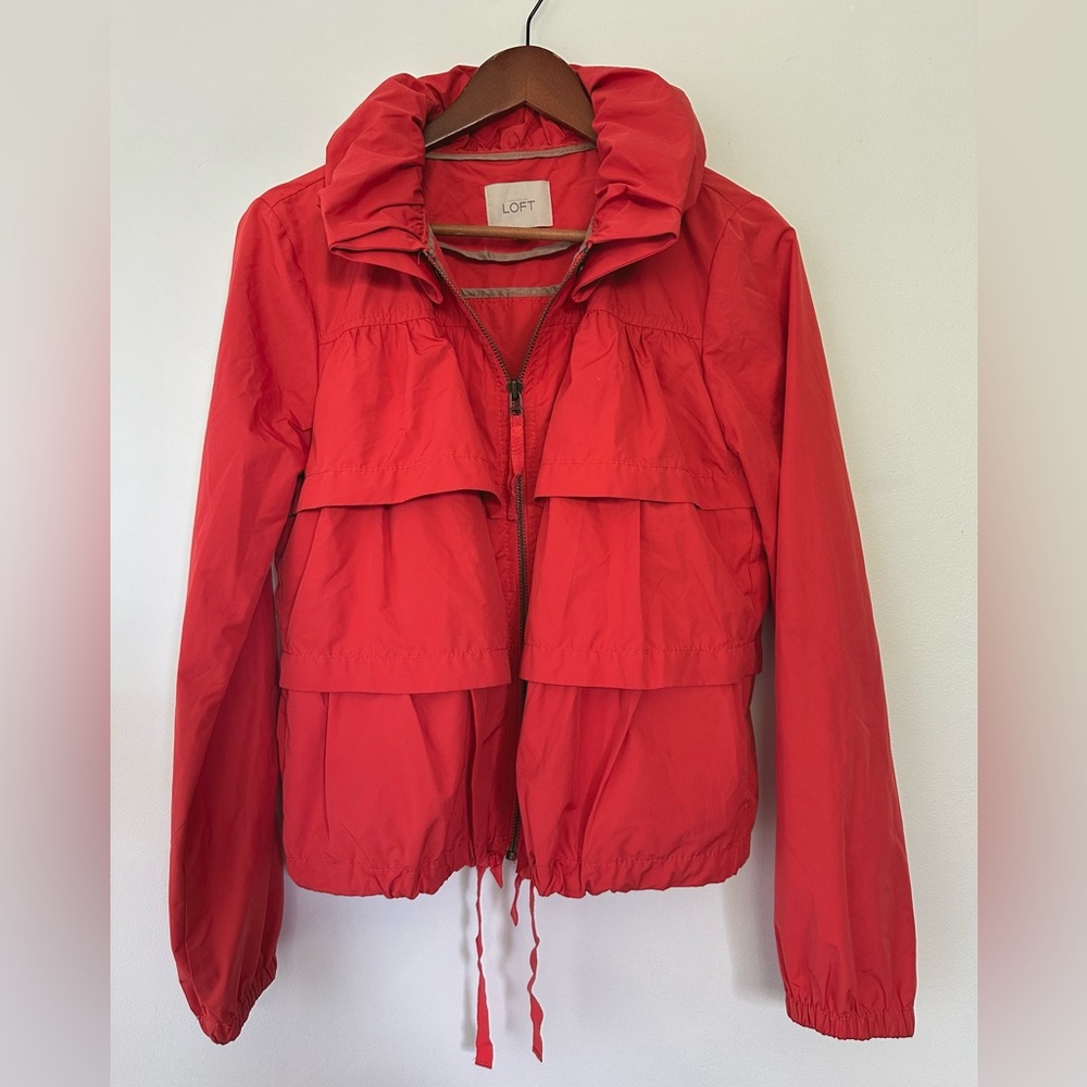 Ann Taylor LOFT Lightweight Orange Ruffled Windbreaker and Rain Jacket Size S